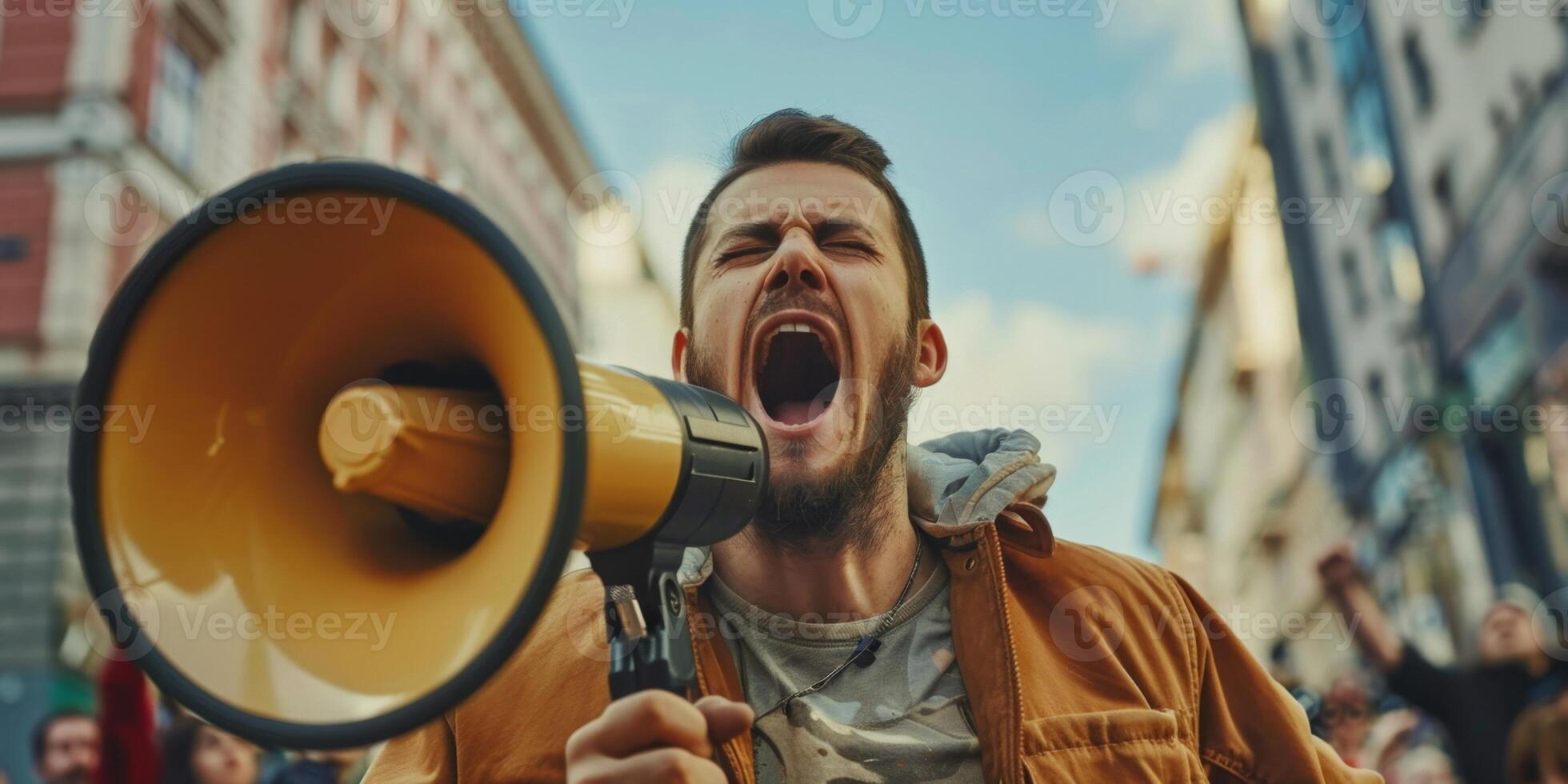 man with loudspeaker demonstration picket photo