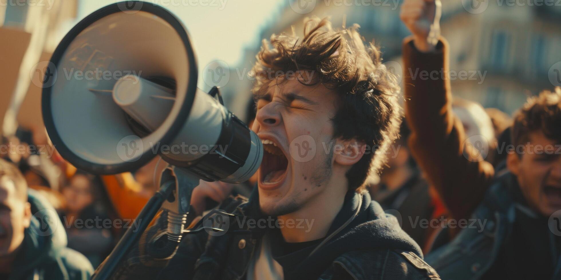 man with loudspeaker demonstration picket photo