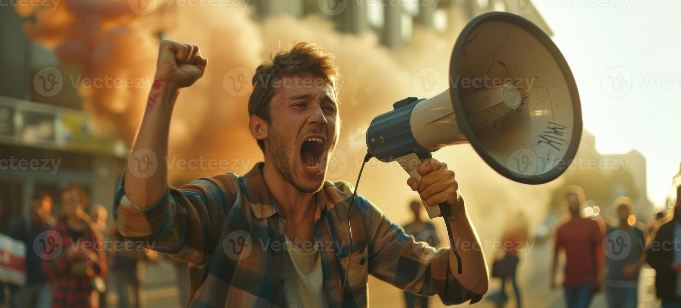 man with loudspeaker demonstration picket photo