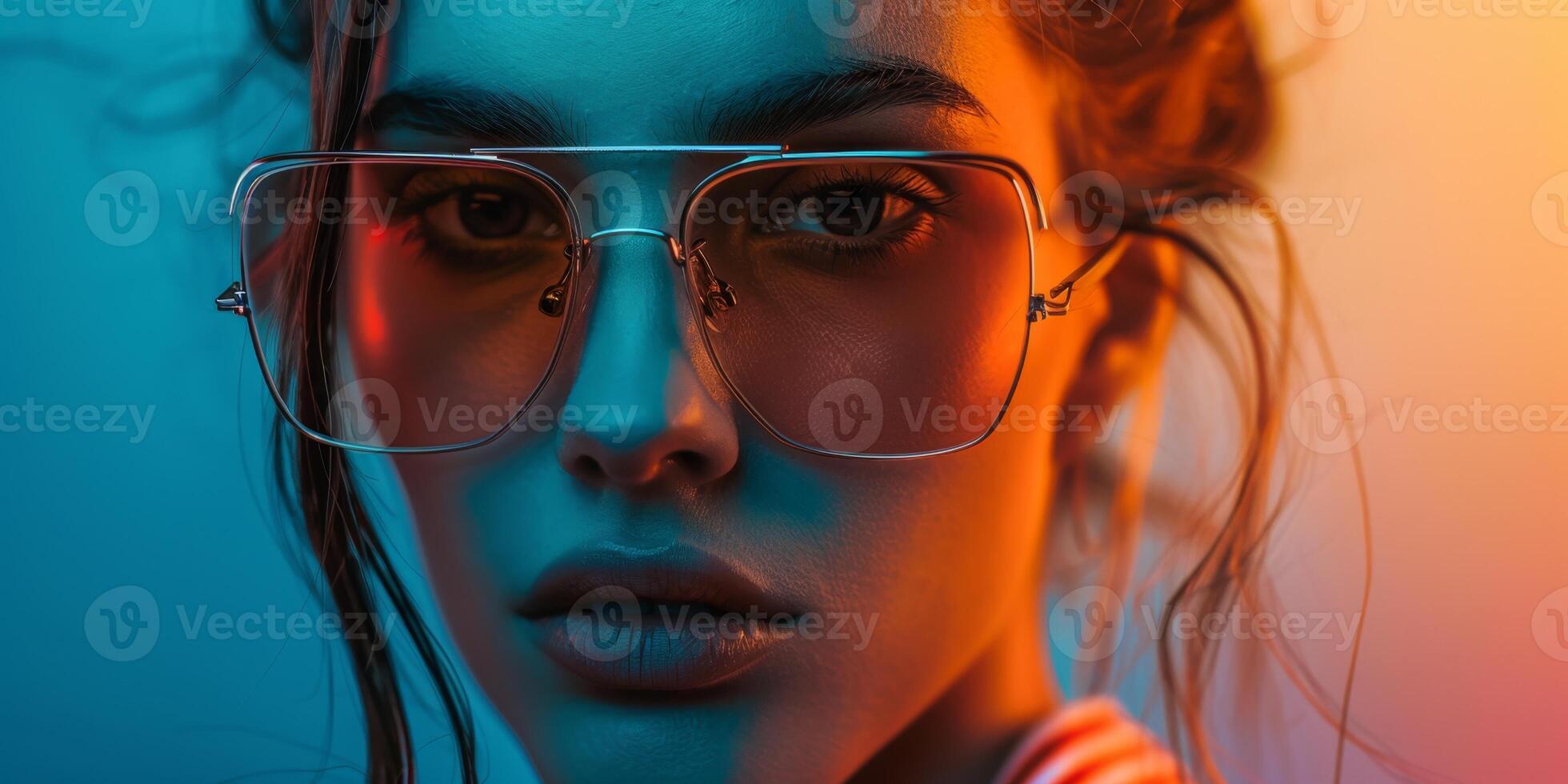 model in sunglasses on blue and yellow background Fashion photo