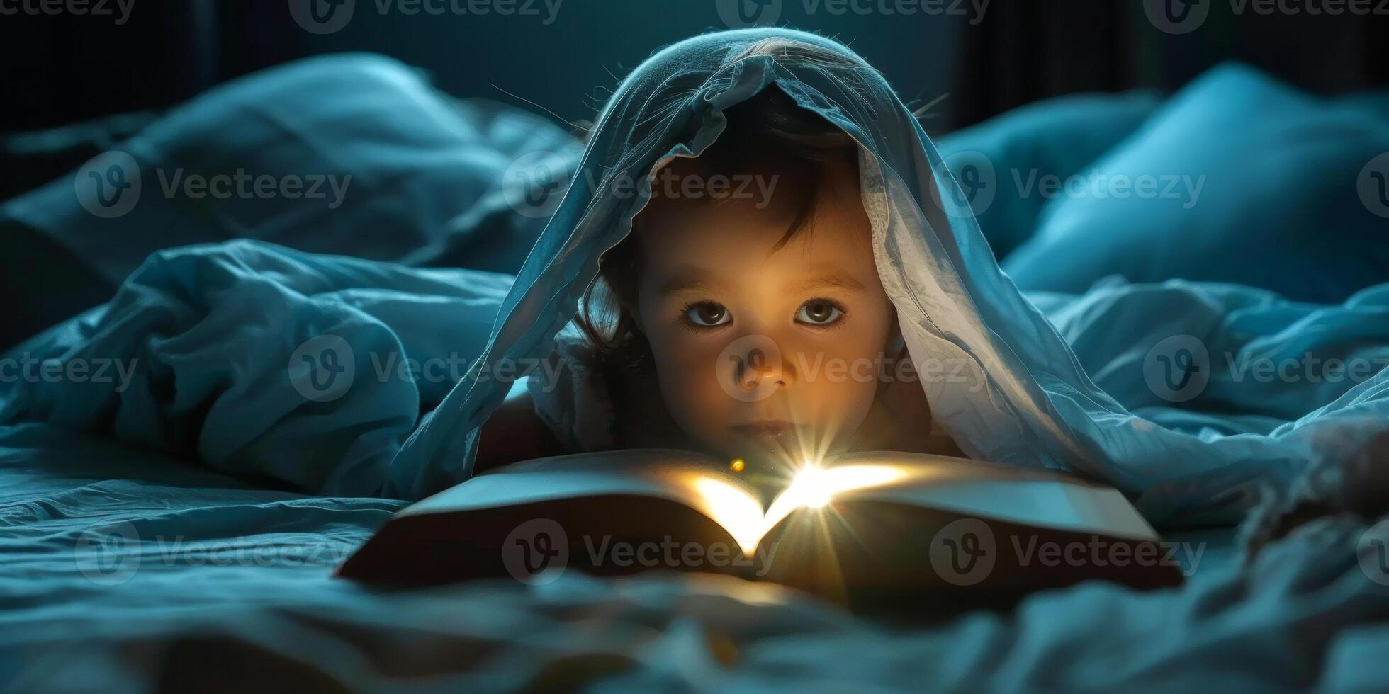 child reading a book to himself in bed with a flashlight photo
