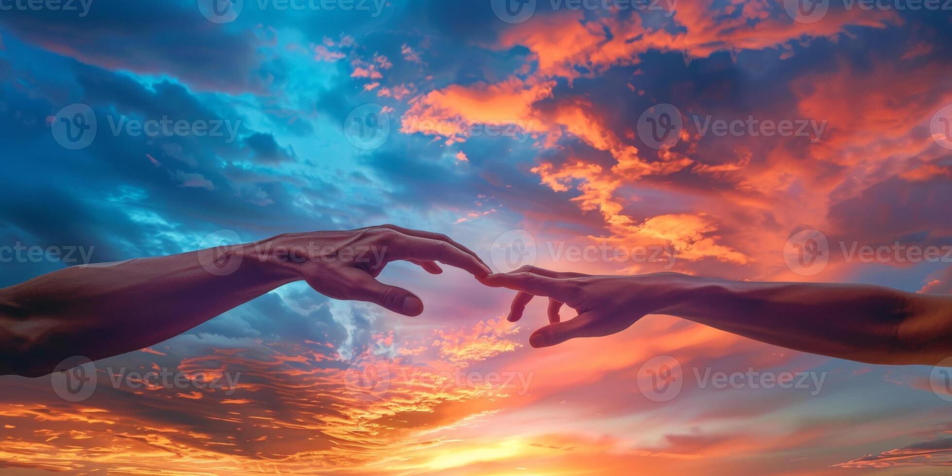 two hands reach out to each other against the backdrop of sunset photo