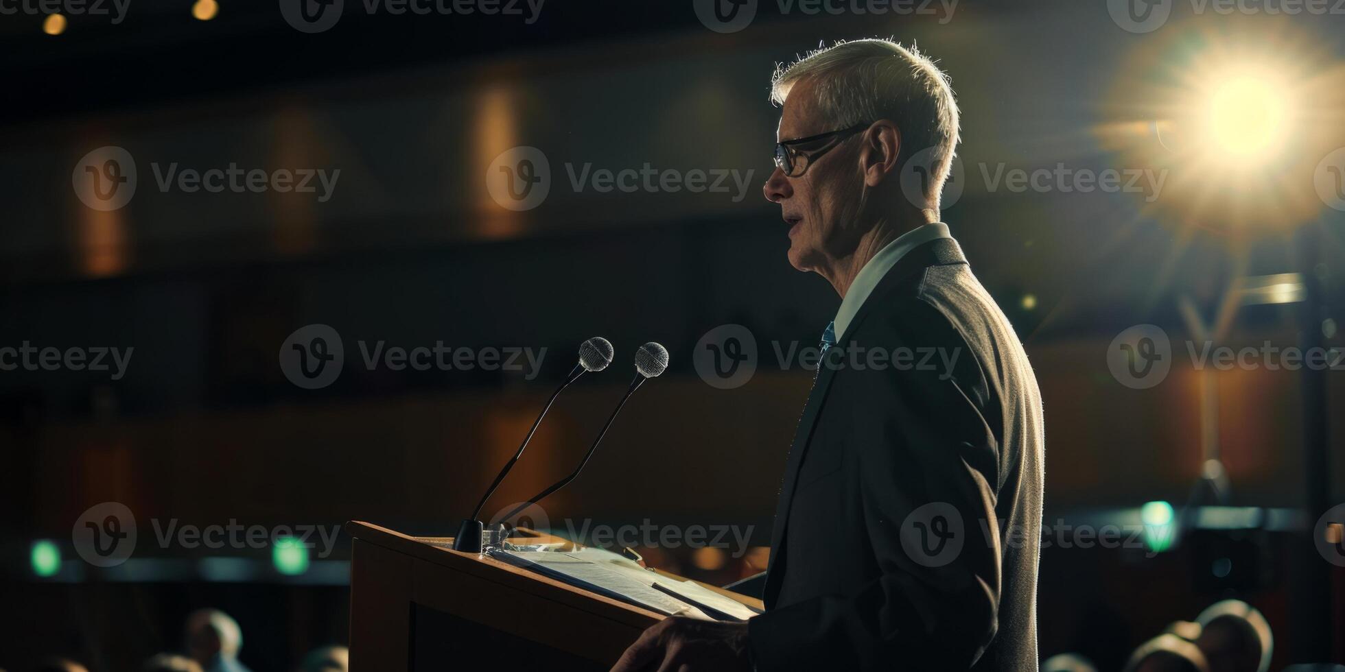 speaking in the hall in front of an audience on the podium photo