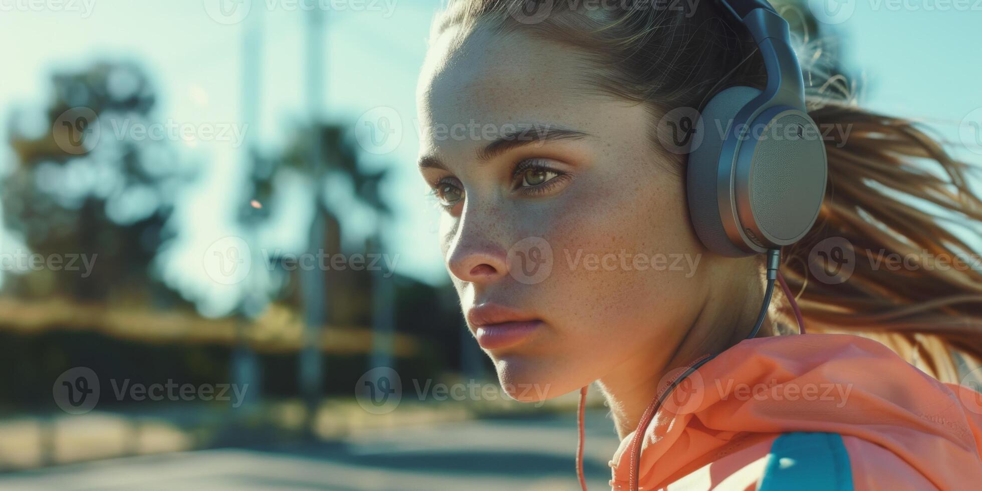 girls morning jogging with headphones photo