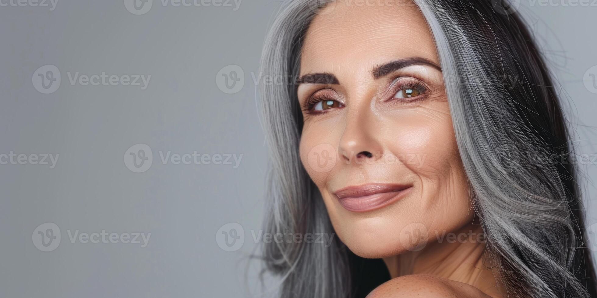 woman 60 years old with gray hair close-up portrait photo