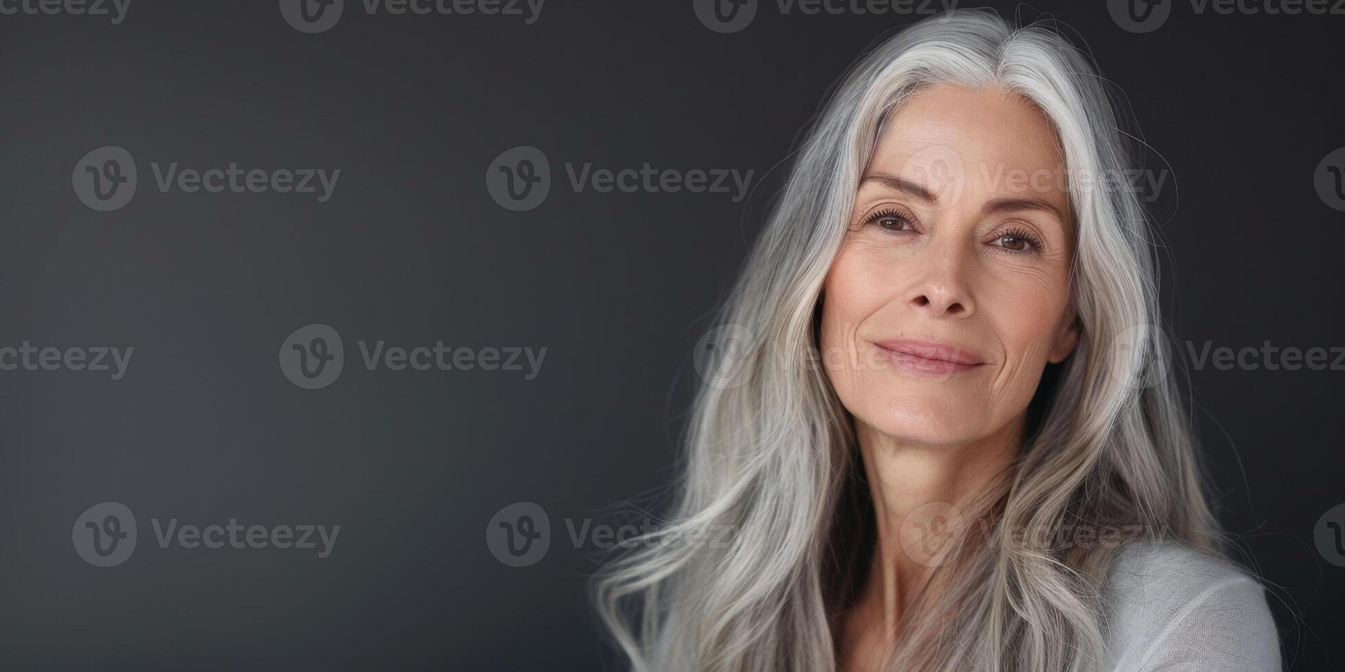 woman 60 years old with gray hair close-up portrait photo