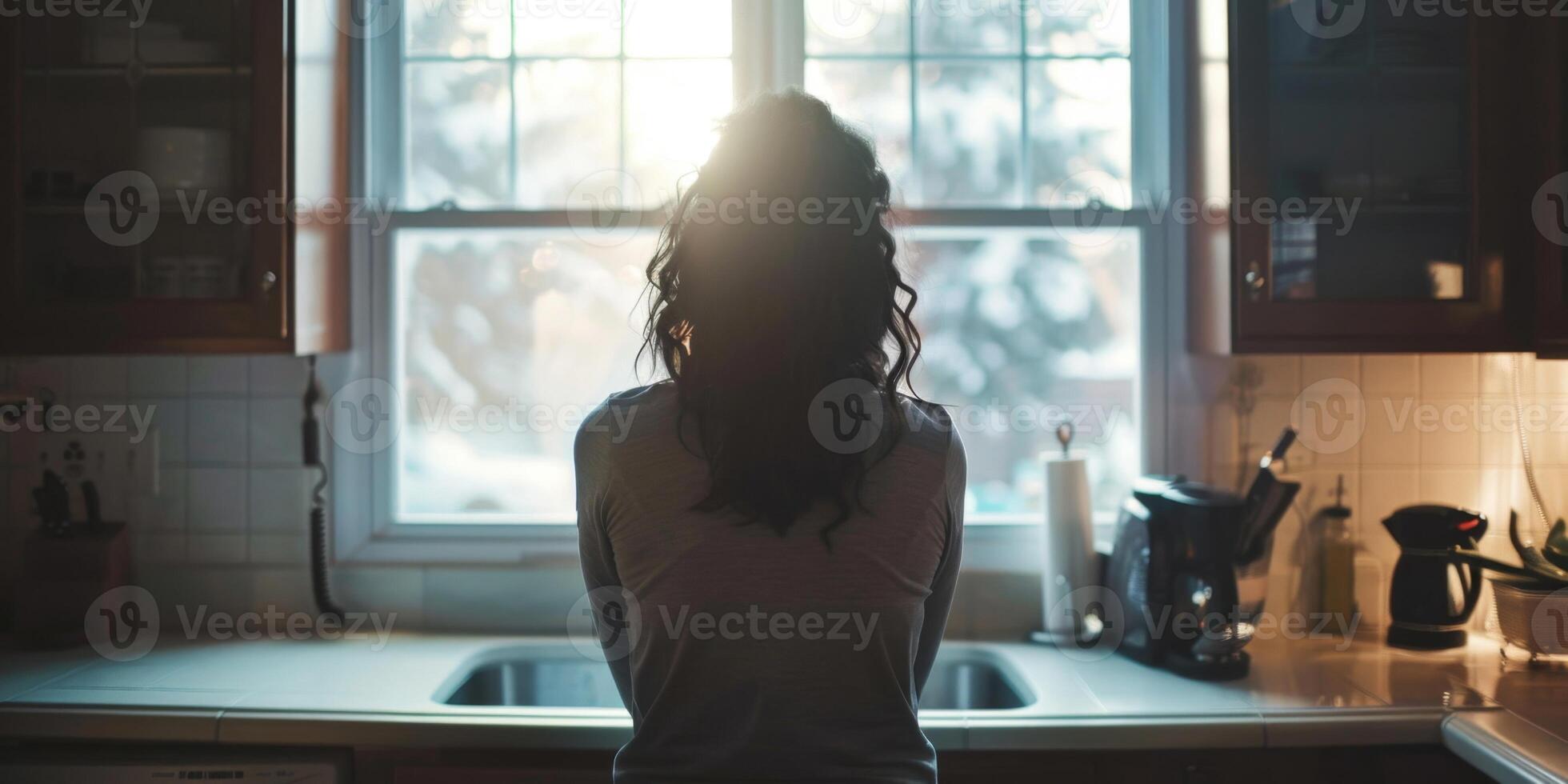 woman stands in the kitchen and looks out the window photo