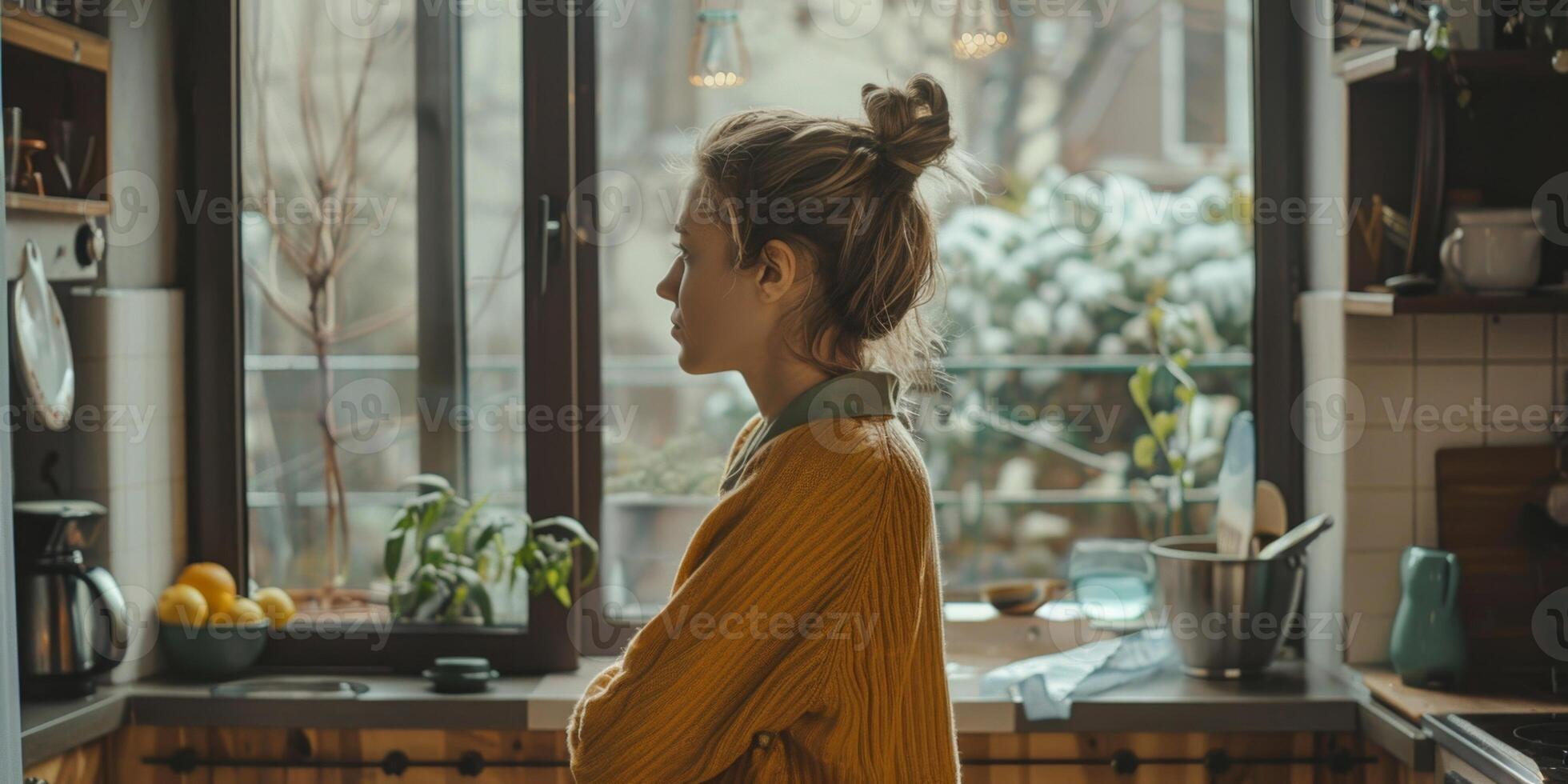 woman stands in the kitchen and looks out the window photo