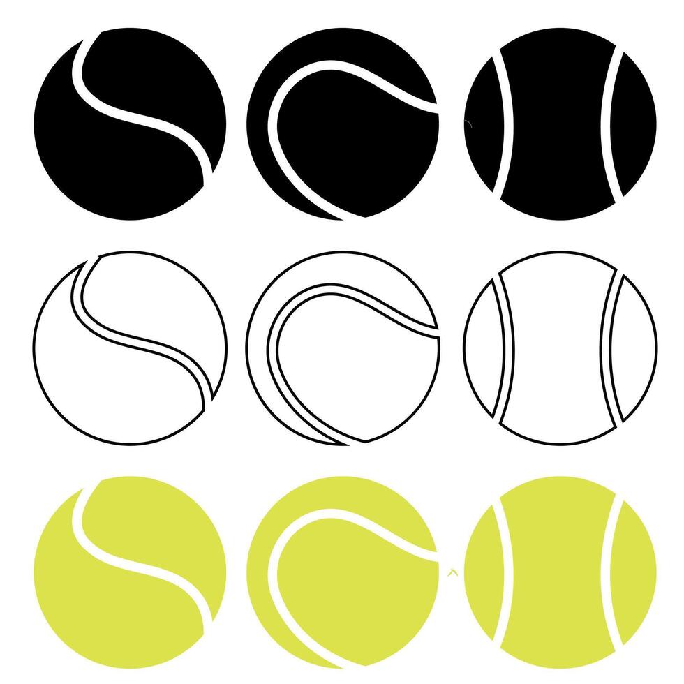 colección de tenis pelotas en silueta, contorno y de colores versiones con knockear en un blanco antecedentes vector
