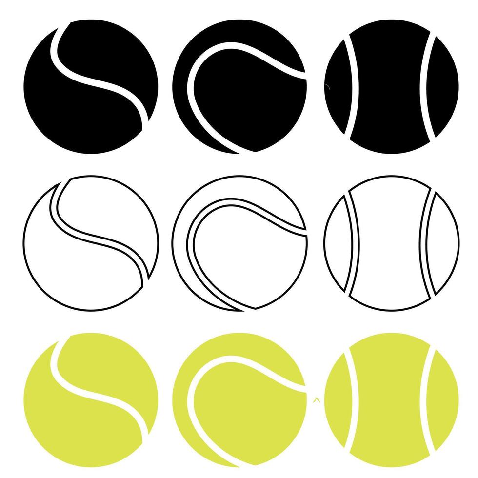 Collection of Tennis Balls in silhouette, outline and coloured versions with knockout on a white background vector