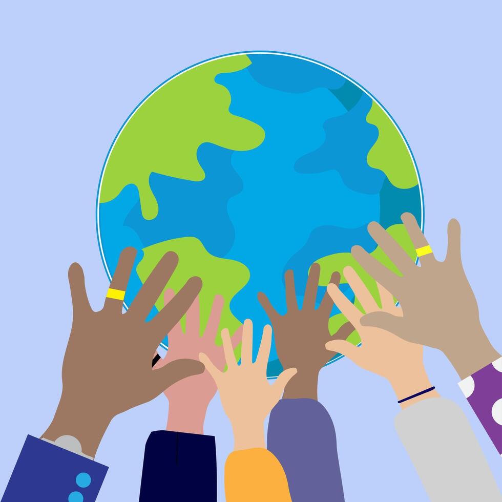Diverse groups of people's hands holding the Earth with text banner Save the Planet, ecology or climate concept vector
