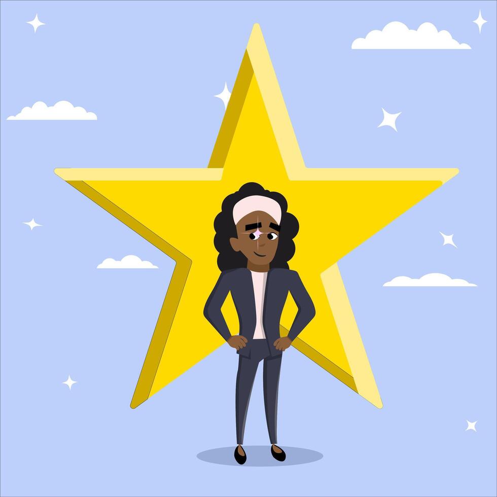 negro hembra personaje estrella empleado otorgar, éxito o liderazgo concepto, empleado de el mes, clasificado empleado vector