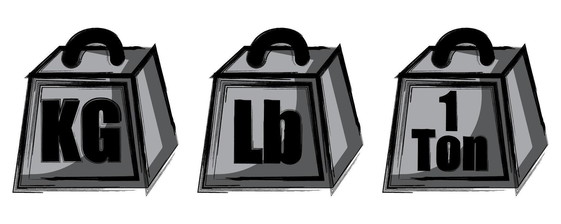 Cartoon style black and white weights in KG, Lb and 1 ton. Healthy living element or concept vector