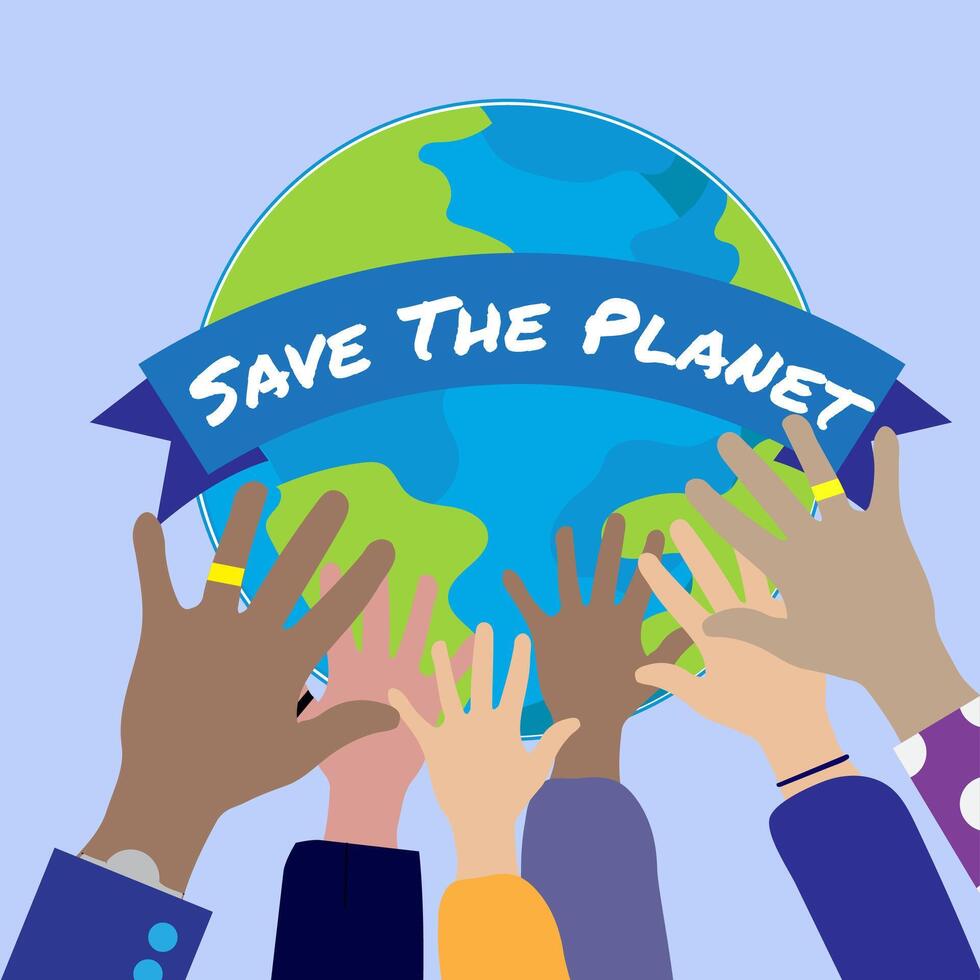 Diverse groups of people's hands holding the Earth with text banner Save the Planet, ecology or climate concept vector