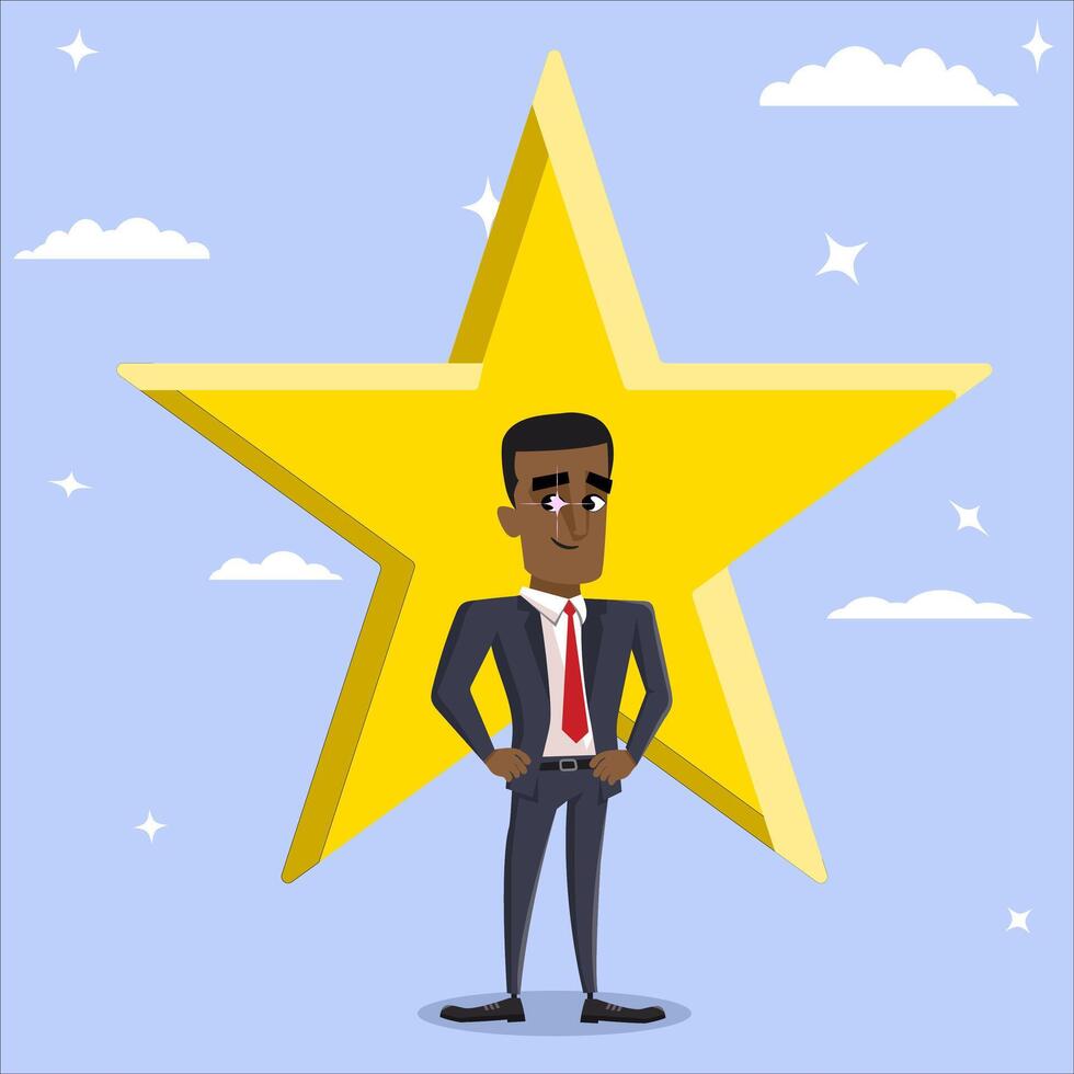 negro masculino personaje estrella empleado otorgar, éxito o liderazgo concepto, empleado de el mes, clasificado empleado vector