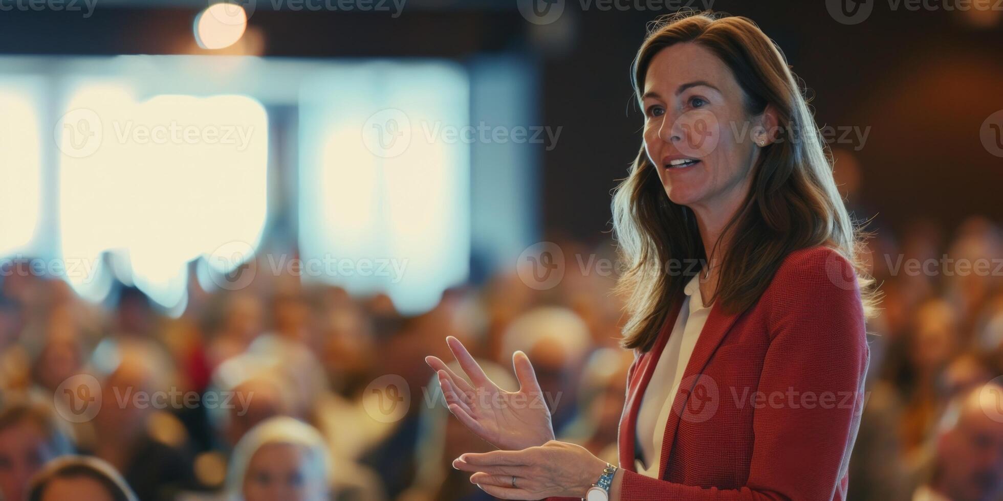 speaking on a podium with a microphone in front of an audience photo