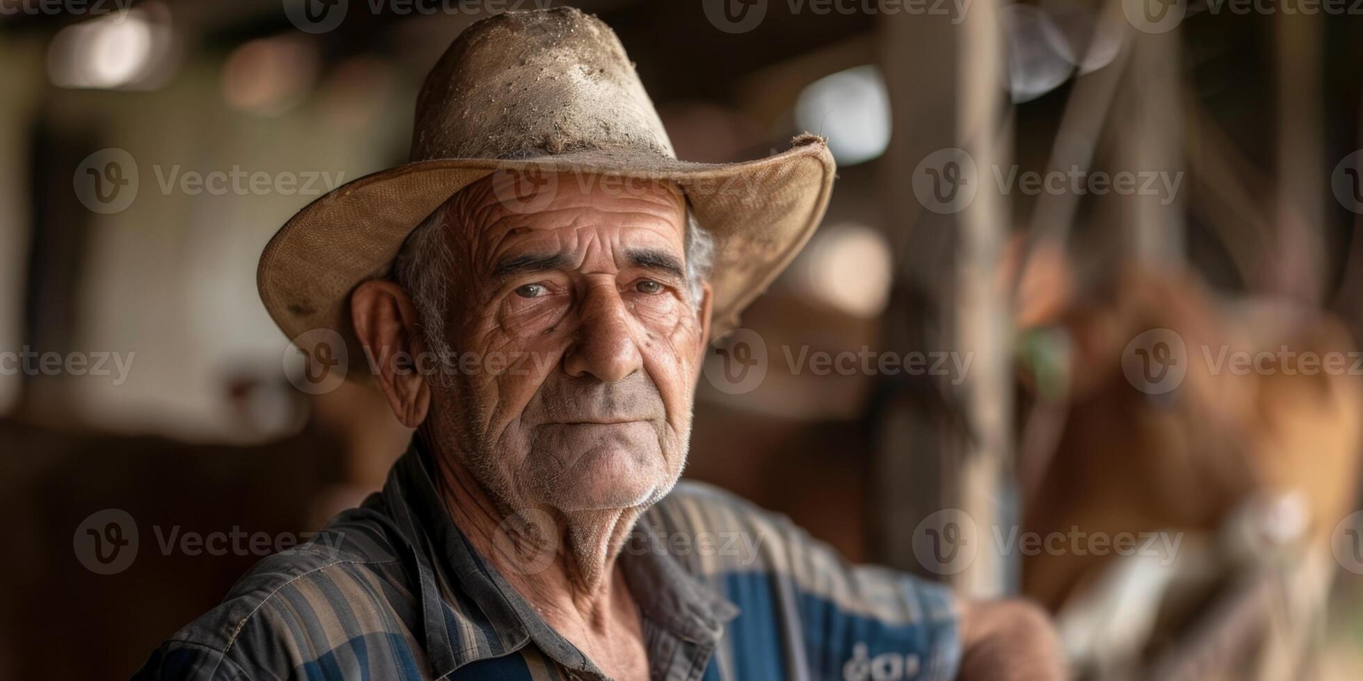 Farmer in front of cows in a stall photo