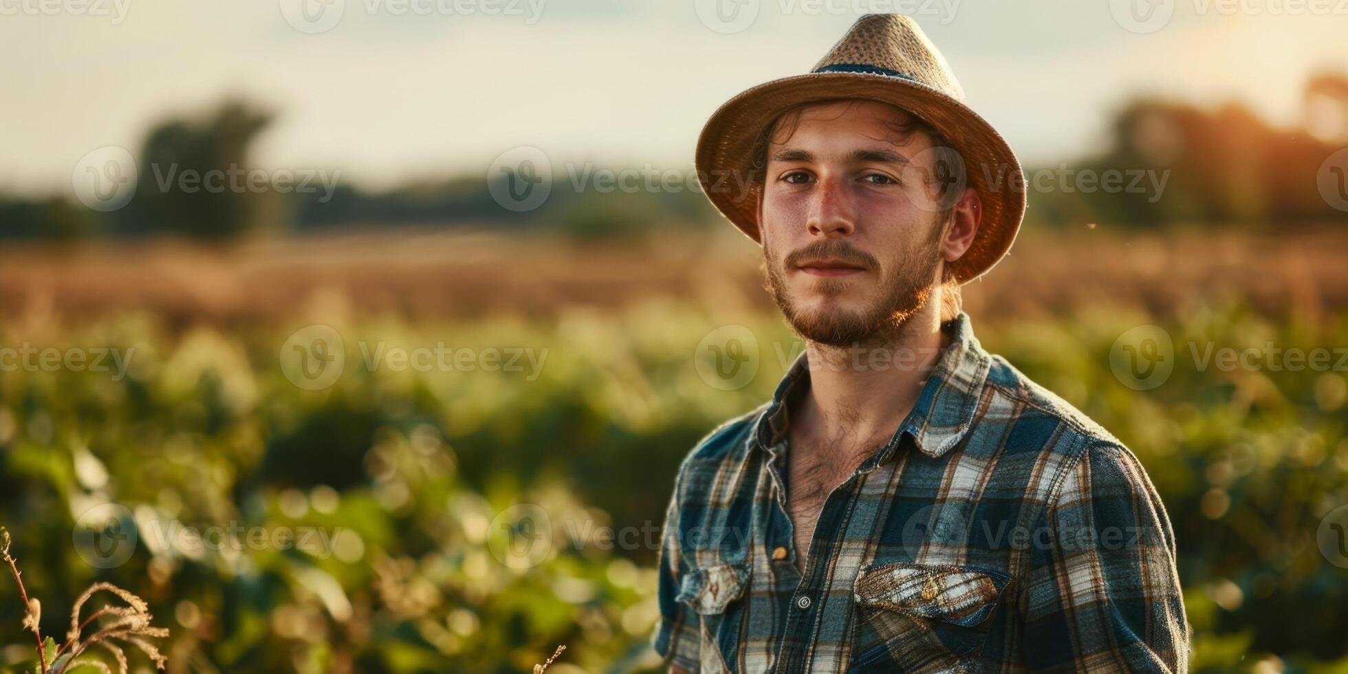 Farmer male in a straw hat against the background of a field photo