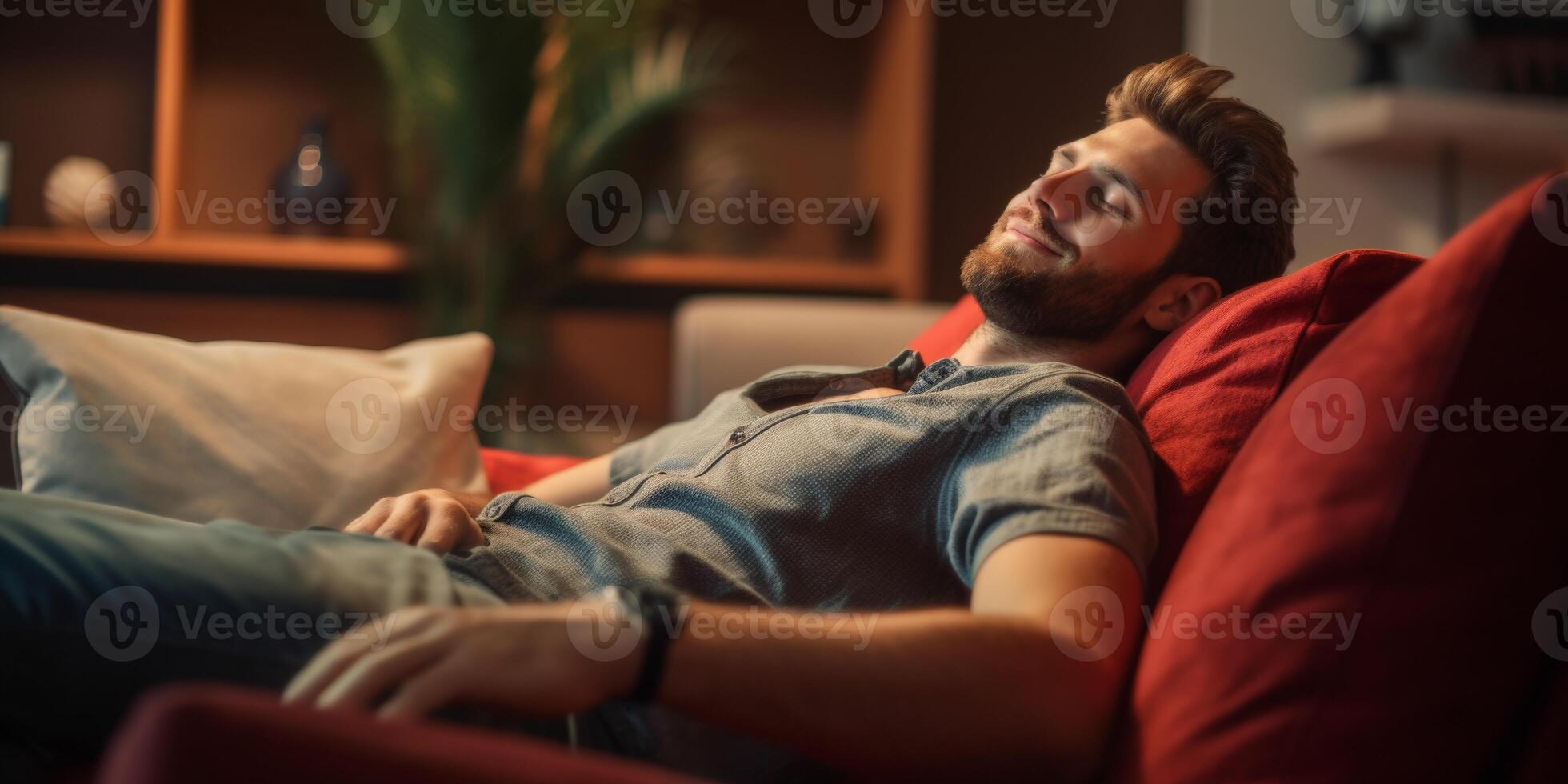 a man falls asleep on the sofa with a smile photo