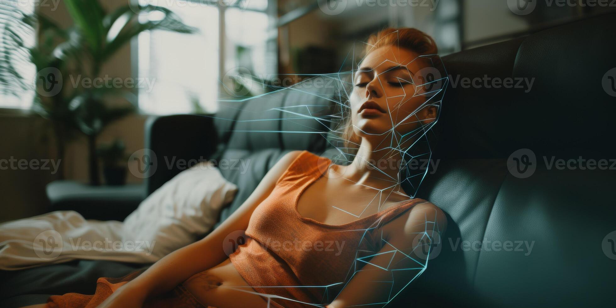 woman falls asleep on the sofa photo