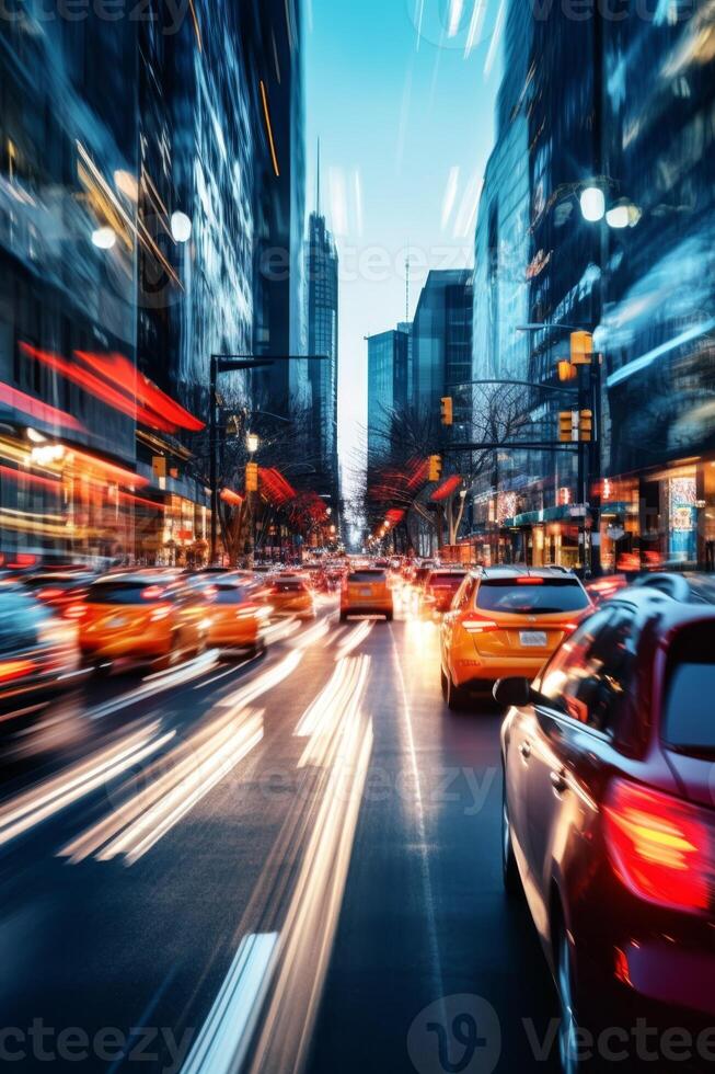 yellow taxi car in traffic on a city street slow motion photo