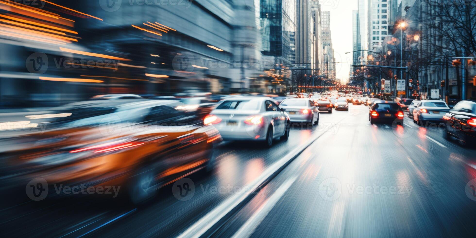 yellow taxi car in traffic on a city street slow motion photo