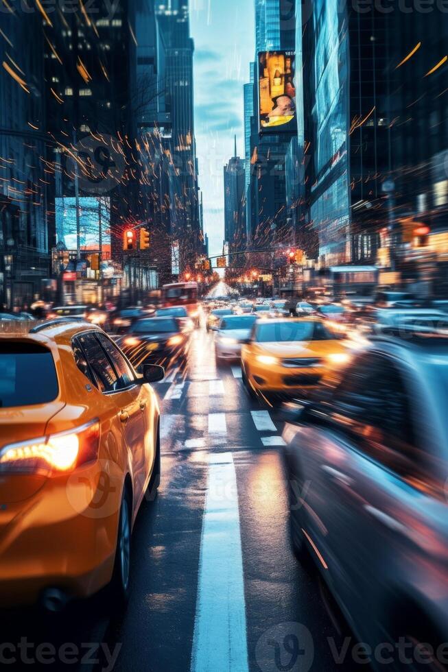 yellow taxi car in traffic on a city street slow motion photo