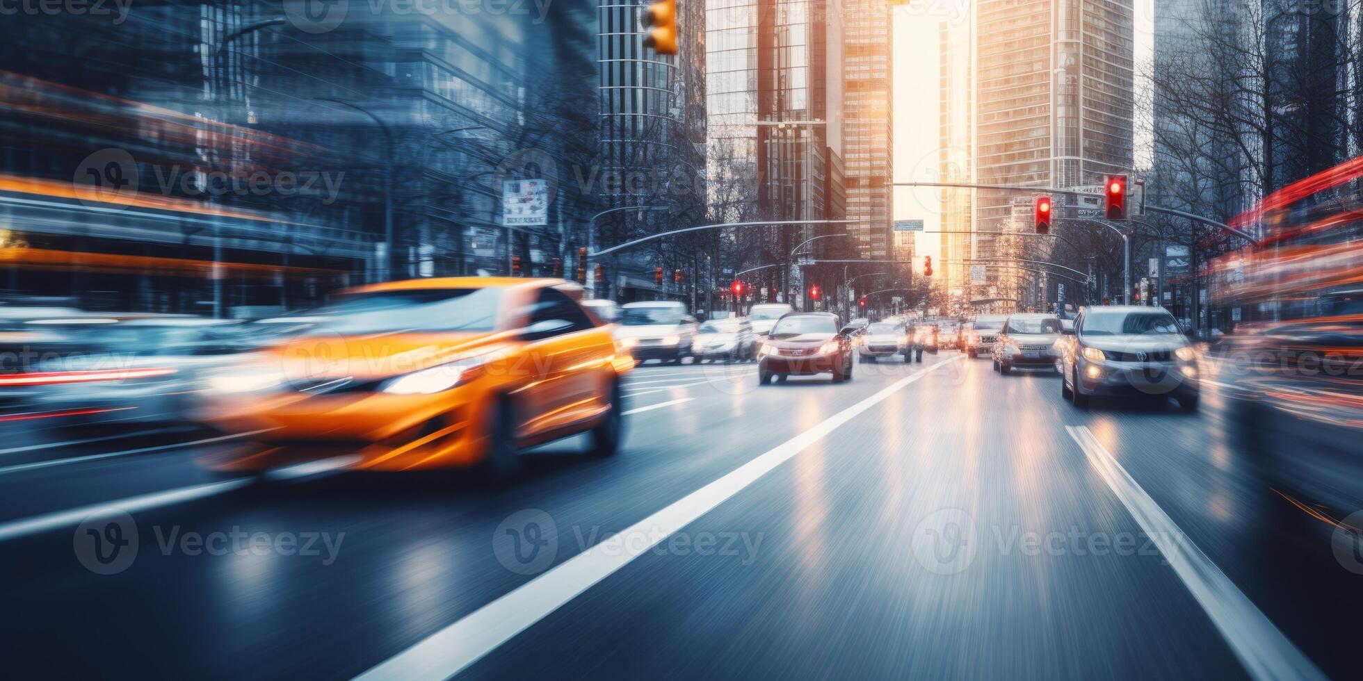 yellow taxi car in traffic on a city street slow motion photo