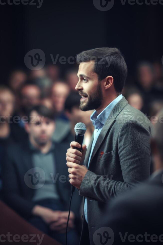 man with microphone at public speaking photo