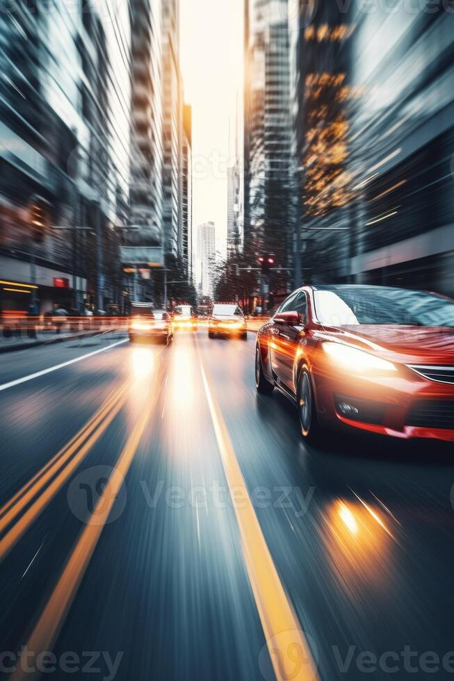 yellow taxi car in traffic on a city street slow motion photo