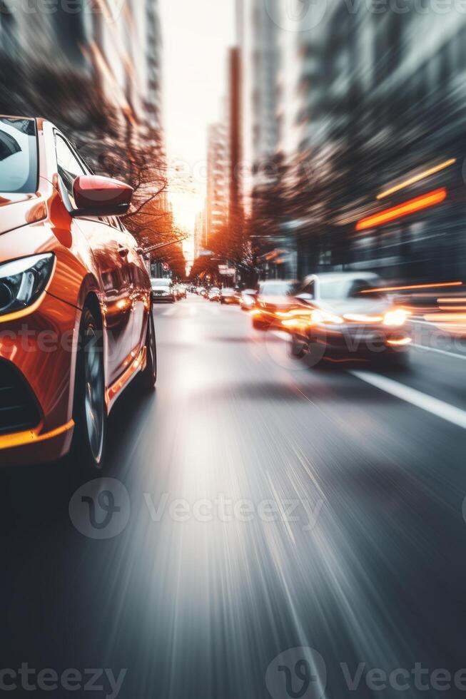 yellow taxi car in traffic on a city street slow motion photo