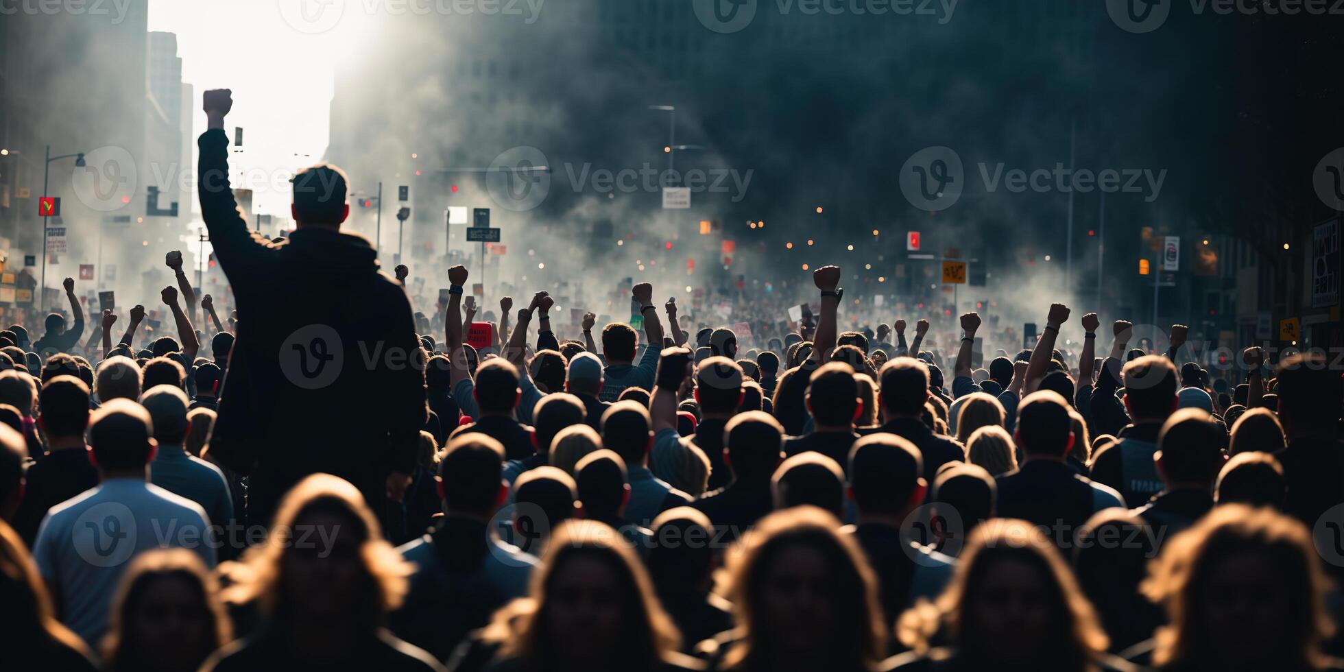 a protesting crowd of people is walking along the city street, in the center of the frame in focus is a man with a fist in the sky, banner photo