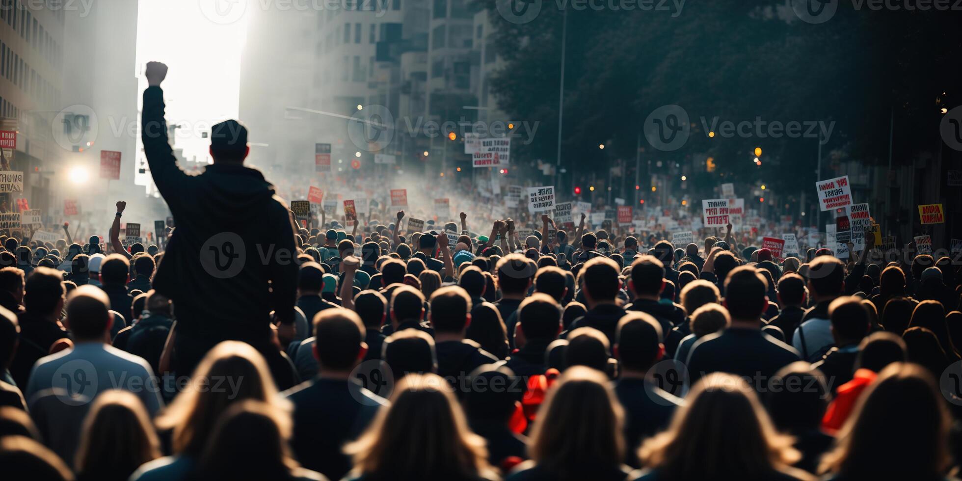 un protestando multitud de personas es caminando a lo largo el ciudad calle, en el centrar de el marco en atención es un hombre con un puño en el cielo, bandera foto