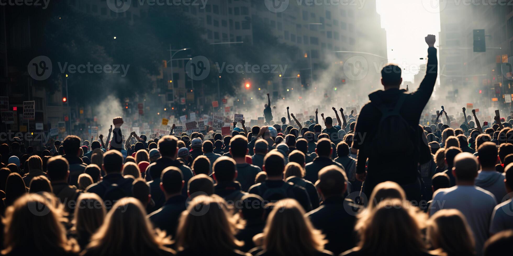 a protesting crowd of people is walking along the city street, in the center of the frame in focus is a man with a fist in the sky, banner photo