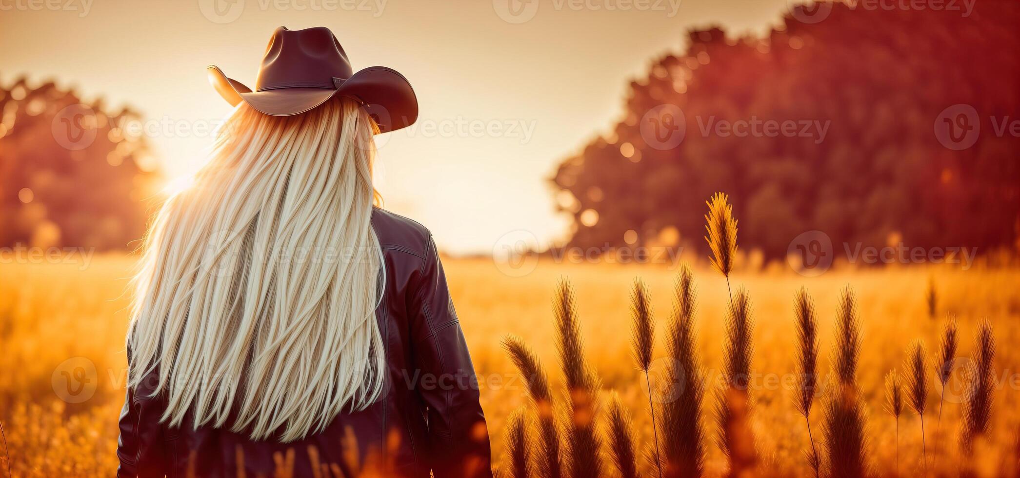 rubia mujer en vaquero sombrero y cuero chaqueta en trigo campo a puesta de sol y montaña vista, espalda vista, bandera foto