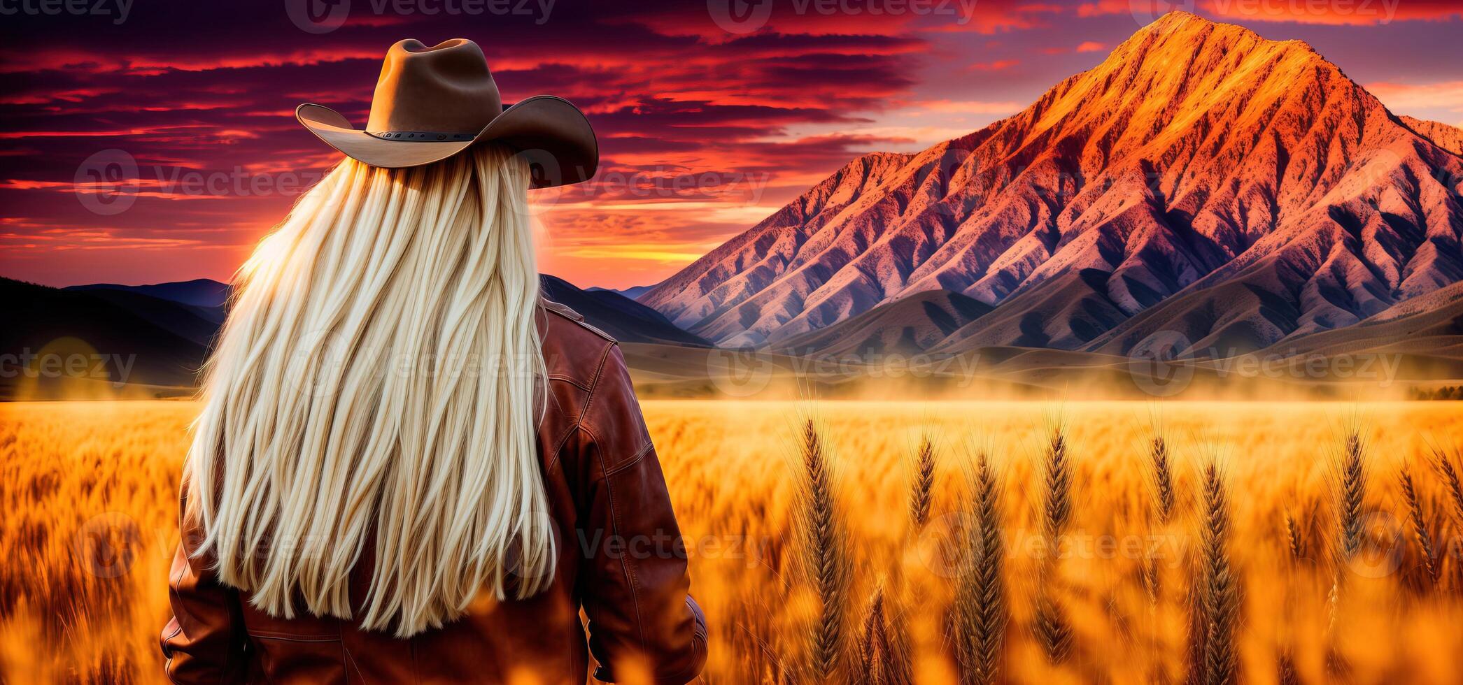 rubia mujer en vaquero sombrero y cuero chaqueta en trigo campo a puesta de sol y montaña vista, espalda vista, bandera foto