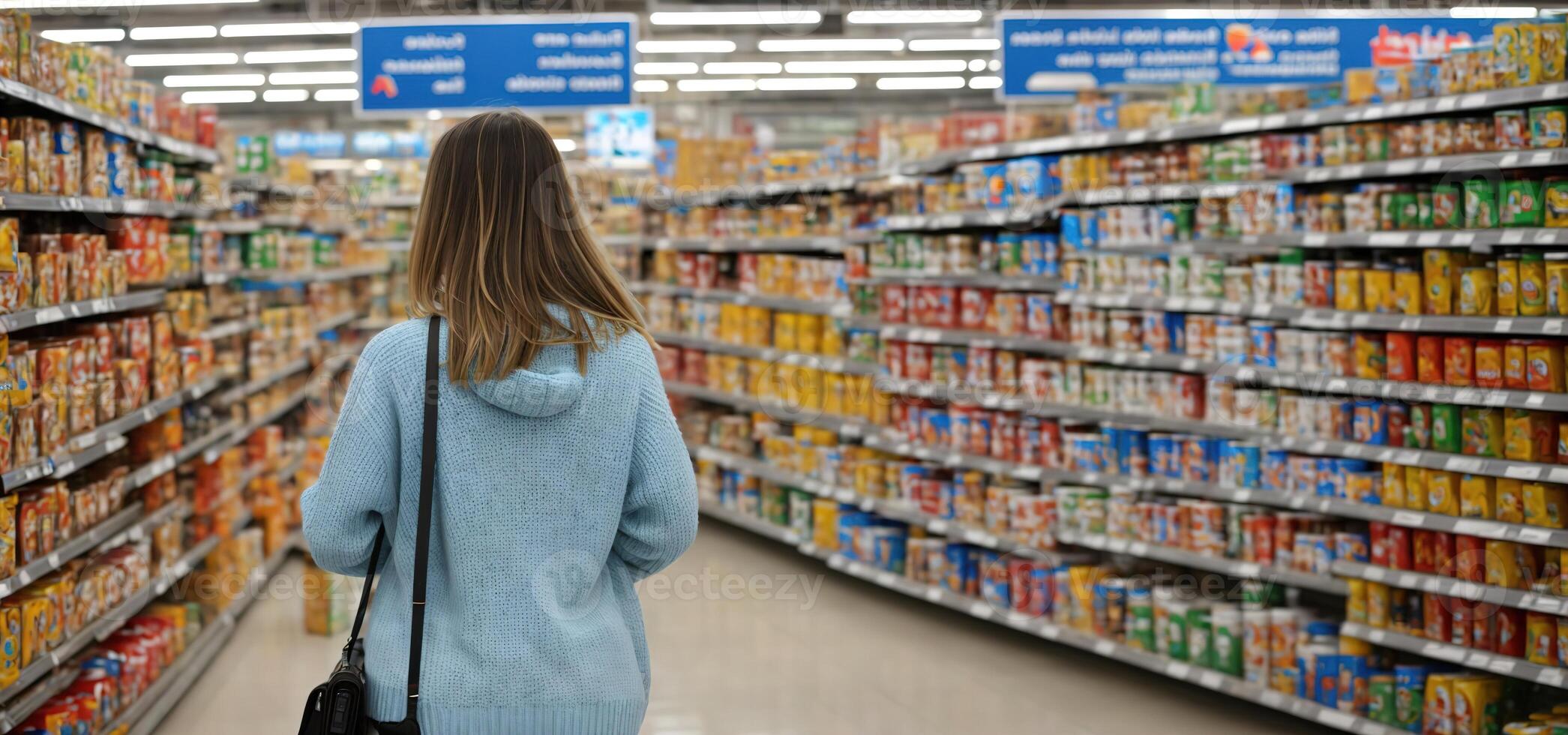 woman in a supermarket on the background of showcases with products rear view banner photo