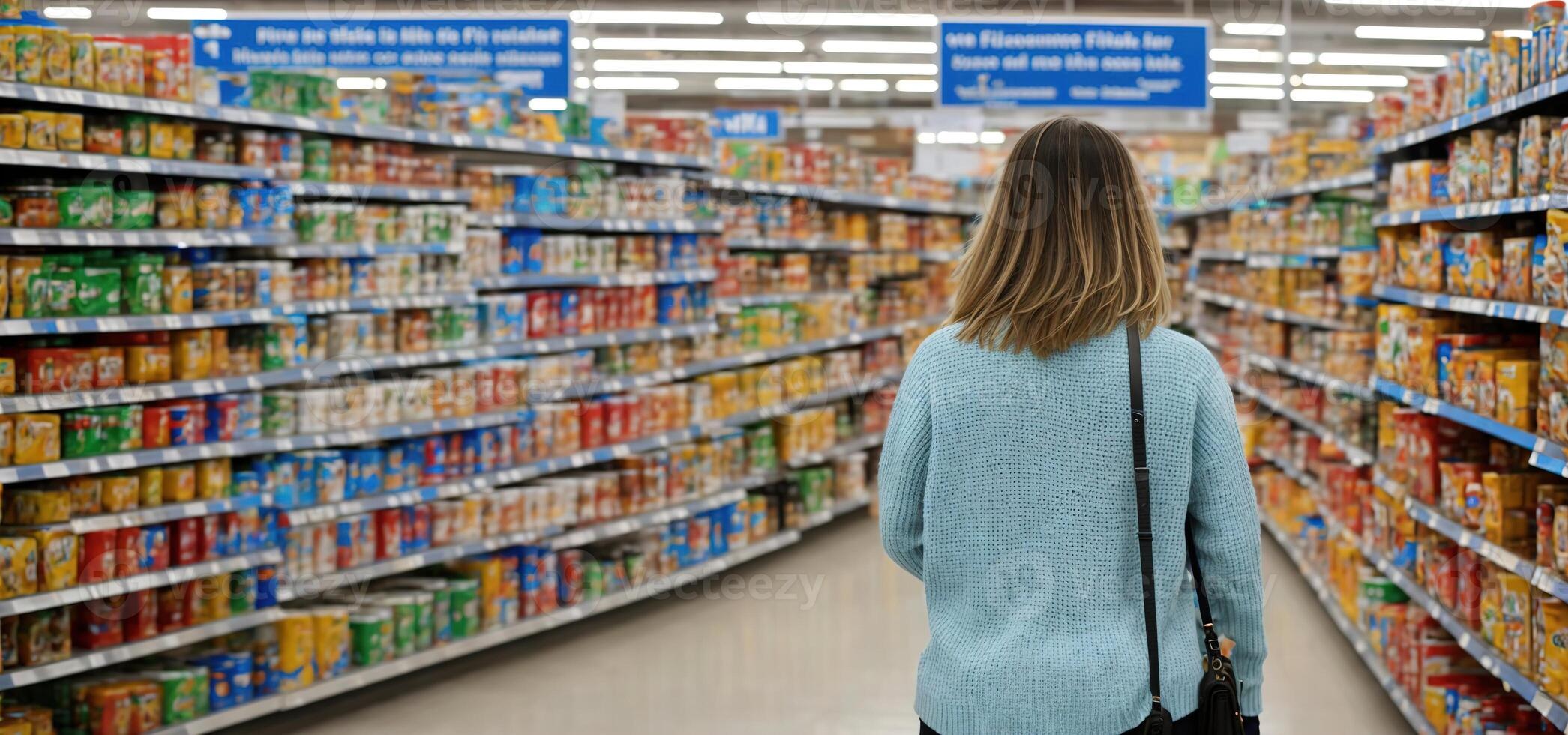 mujer en un supermercado en el antecedentes de vitrinas con productos posterior ver bandera foto