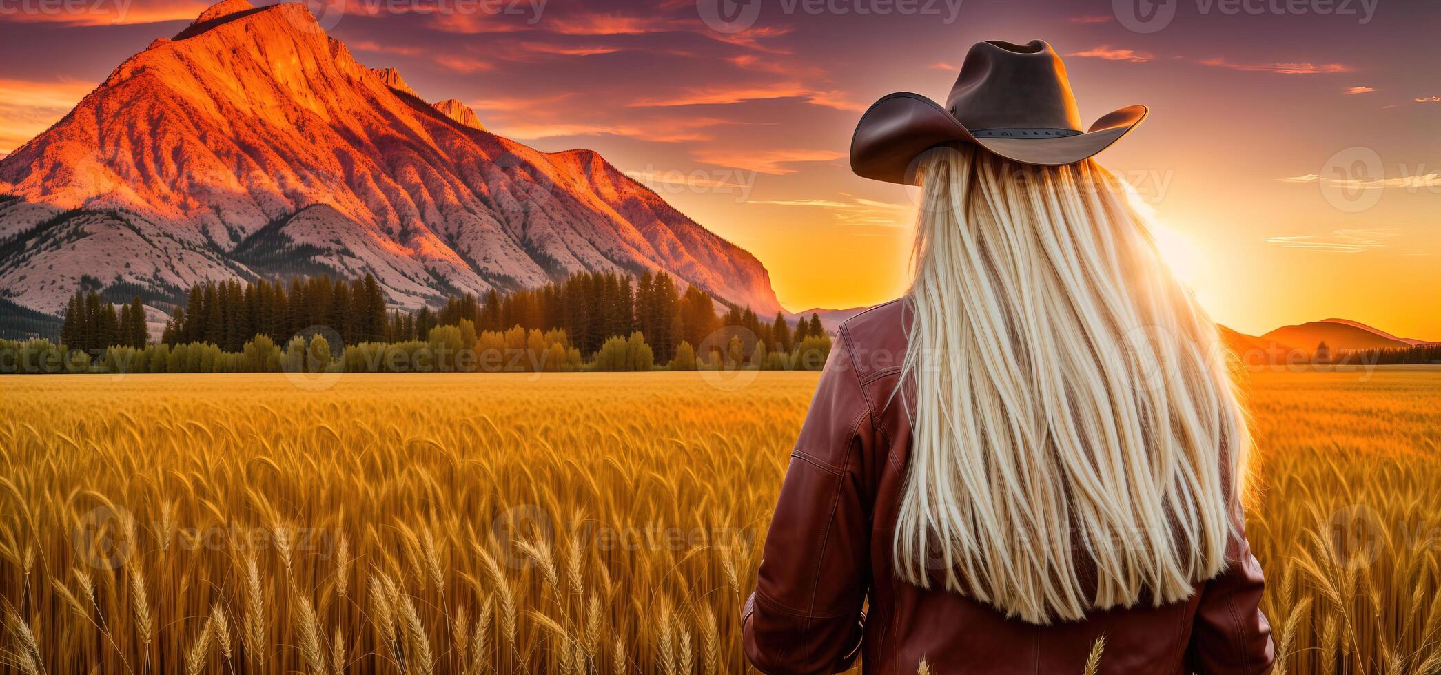 rubia mujer en vaquero sombrero y cuero chaqueta en trigo campo a puesta de sol y montaña vista, espalda vista, bandera foto