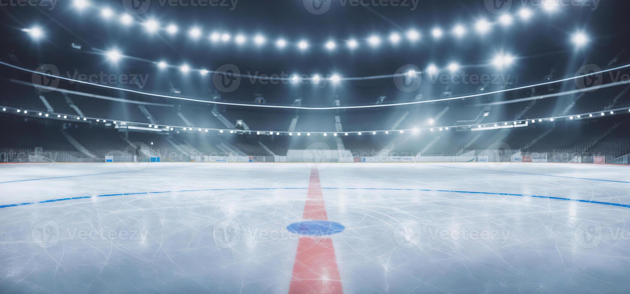 empty hockey rink illuminated by spotlights, photo