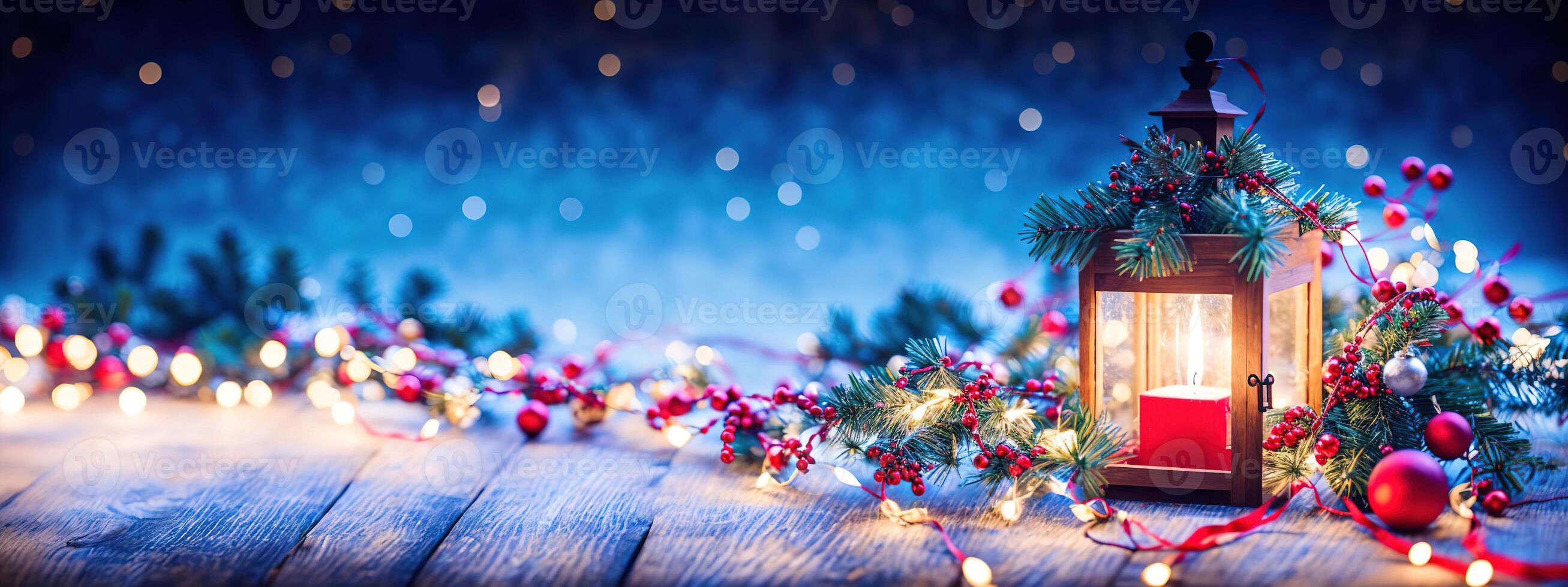 Christmas lights garlands Christmas tree on wooden table banner photo