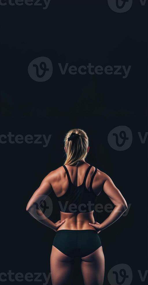 athletic blonde girl in sports underwear on a black background, back view banner photo