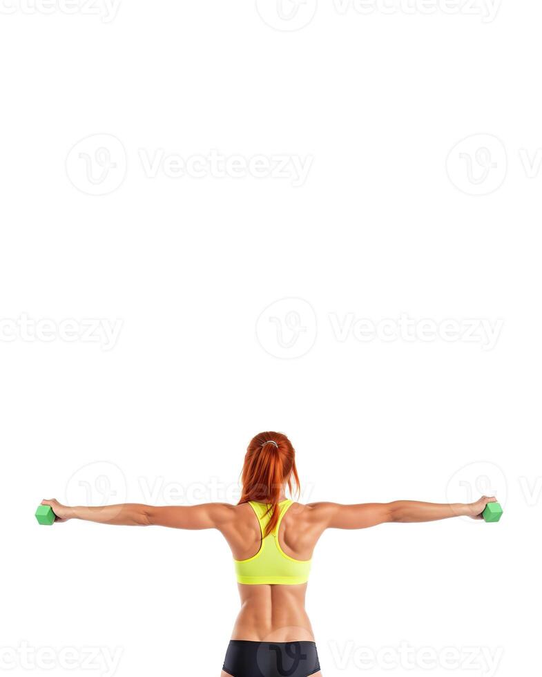 atlético niña en Deportes ropa interior con pesas en su manos en un blanco fondo, posterior ver bandera foto