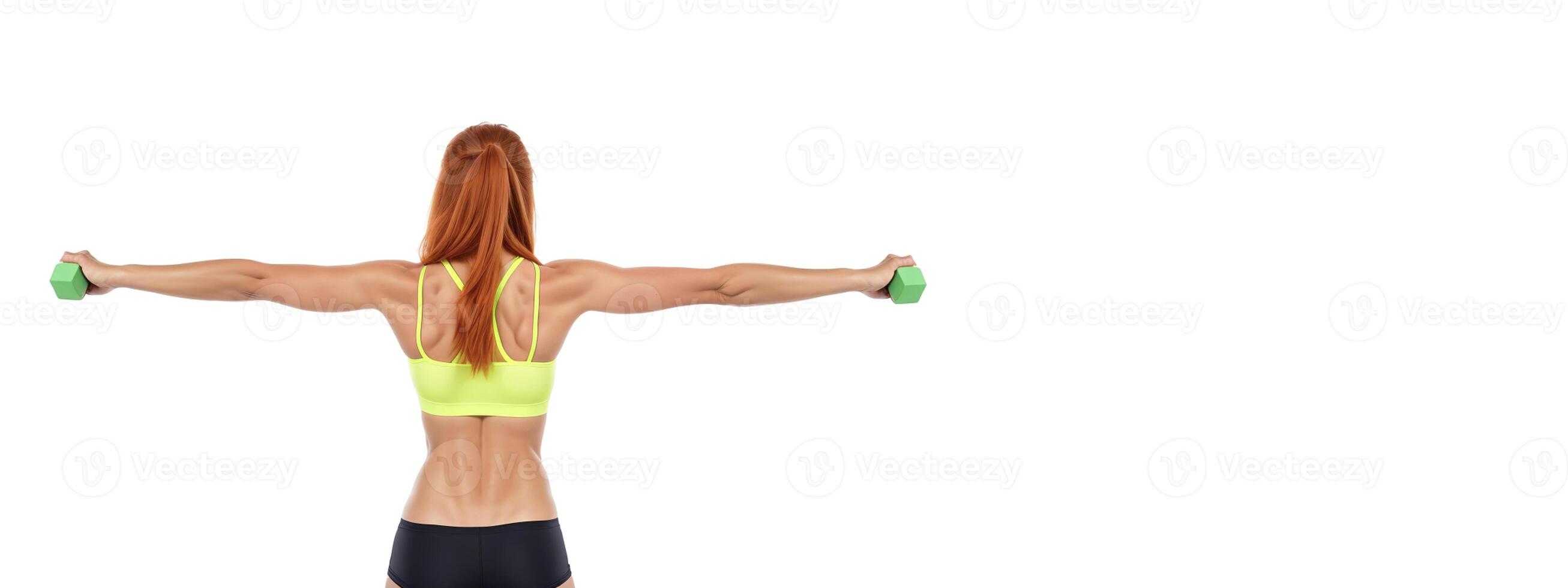 athletic girl in sports underwear with dumbbells in her hands on a white background, rear view banner photo