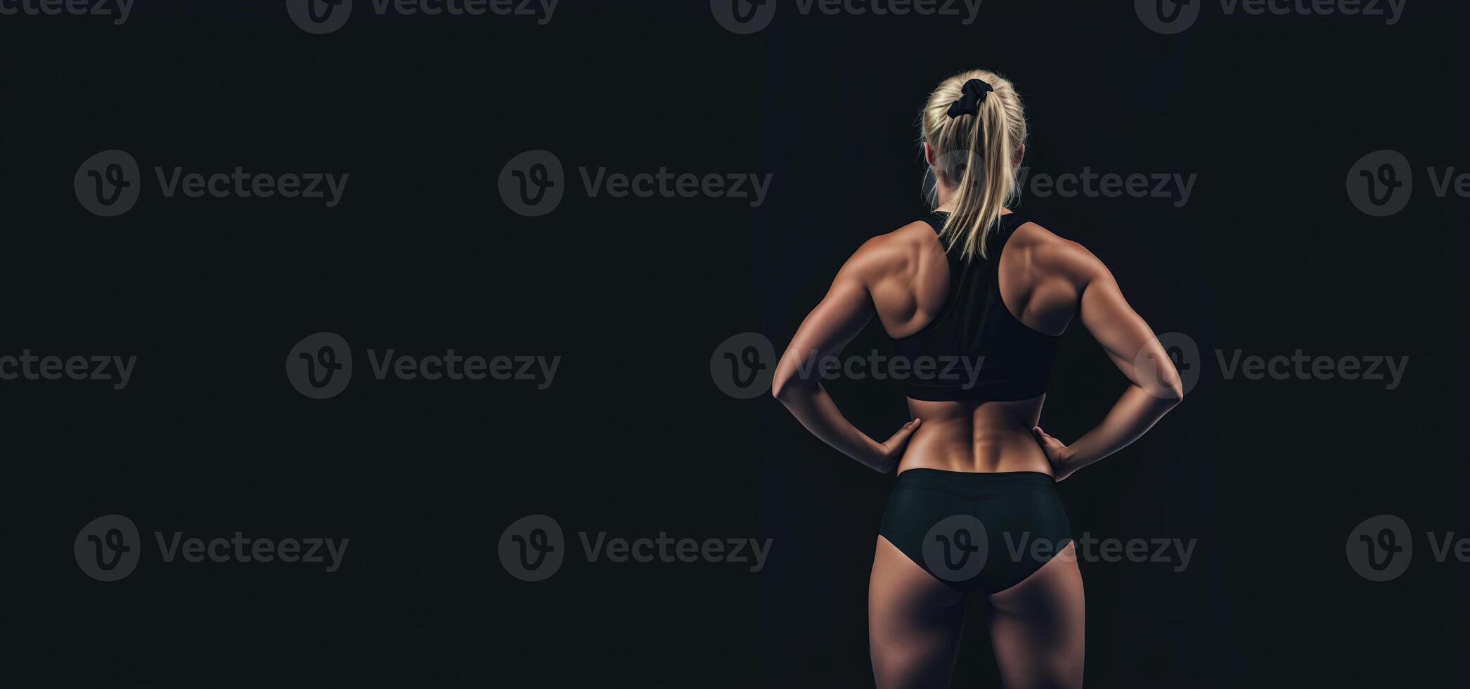 athletic blonde girl in sports underwear on a black background, back view banner photo