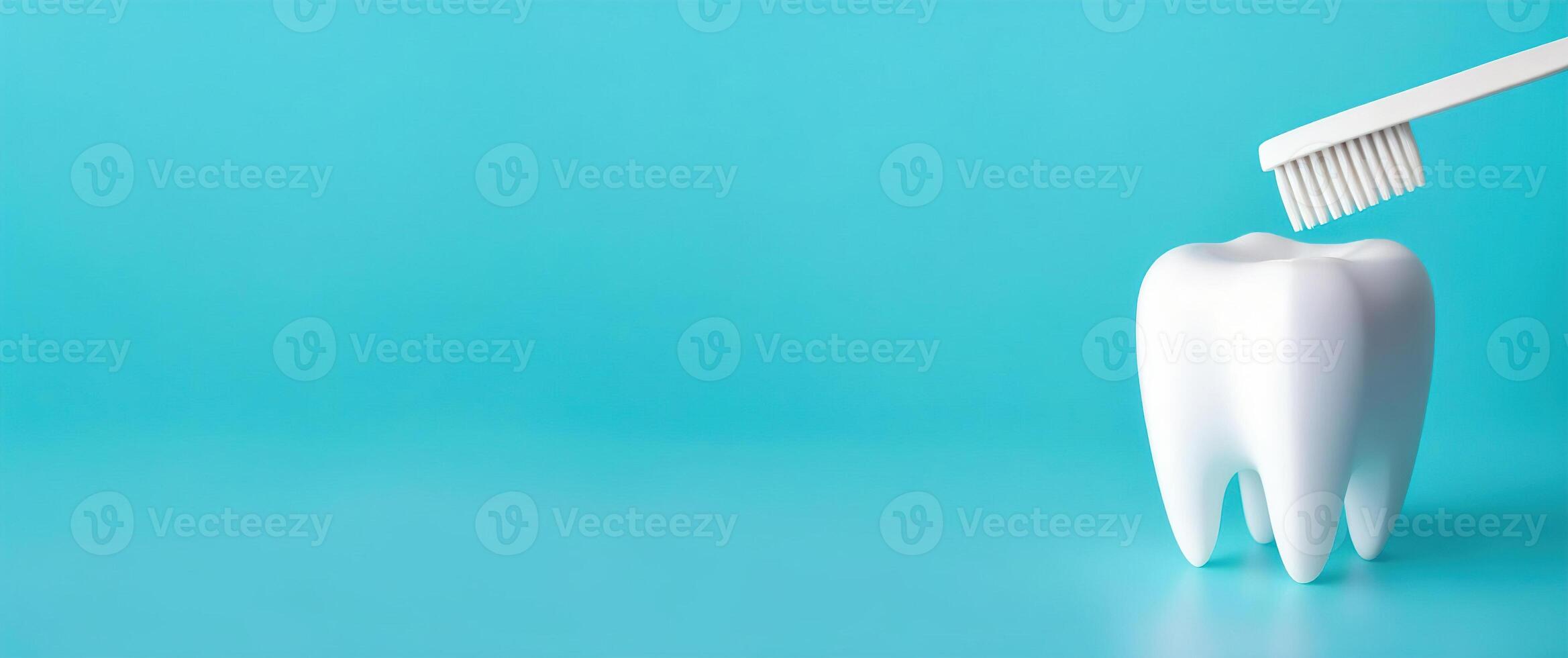 White tooth and toothbrush on a blue background banner photo