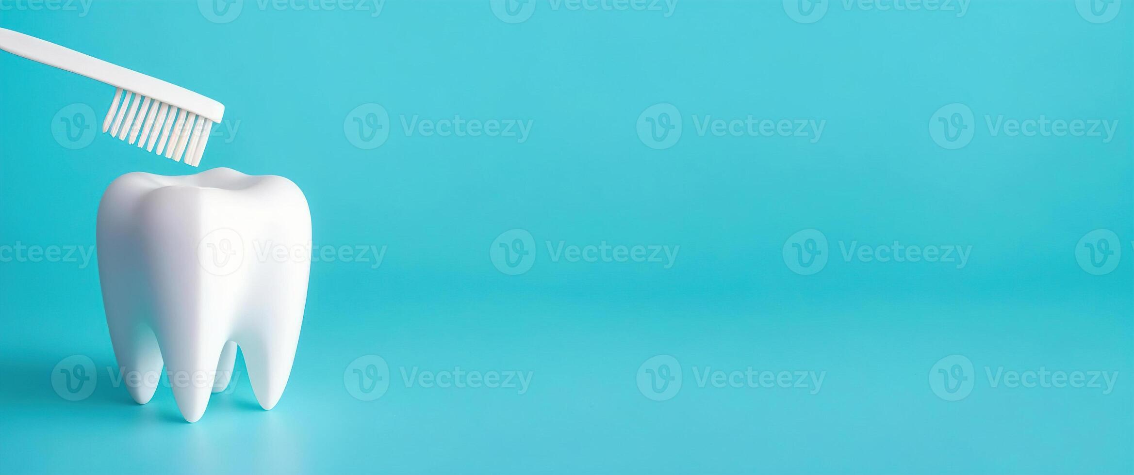 White tooth and toothbrush on a blue background banner photo