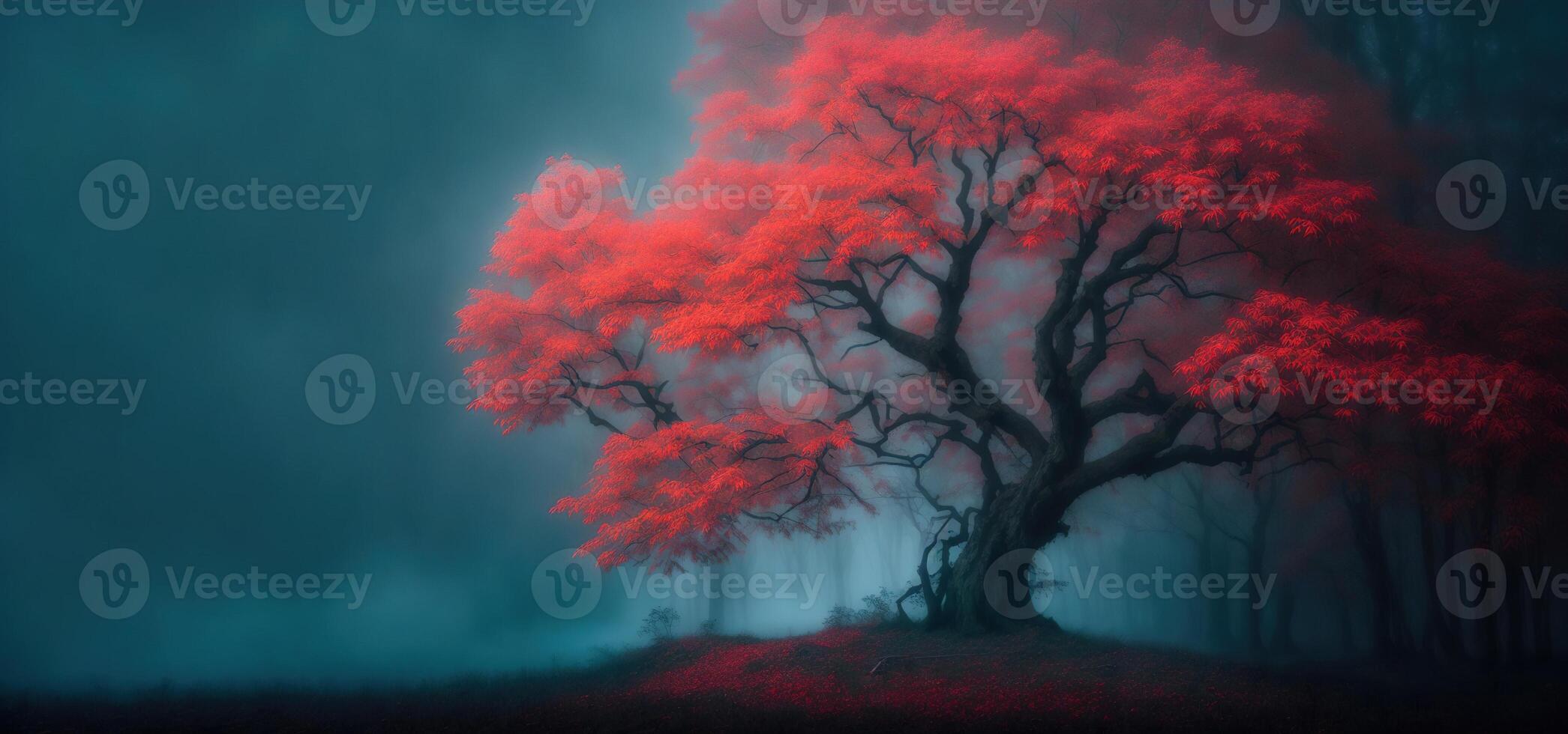 Magic misty forest with red tree banner photo