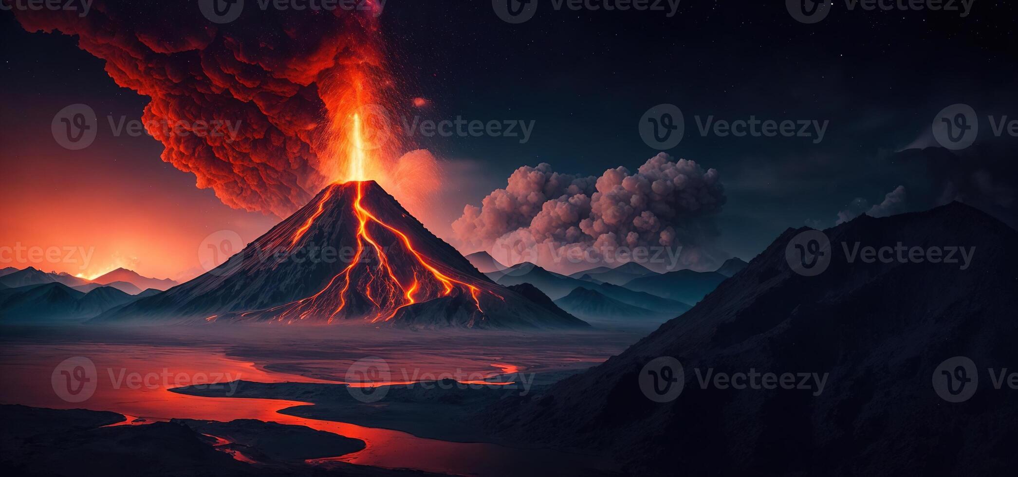 volcano eruption at night panorama photo