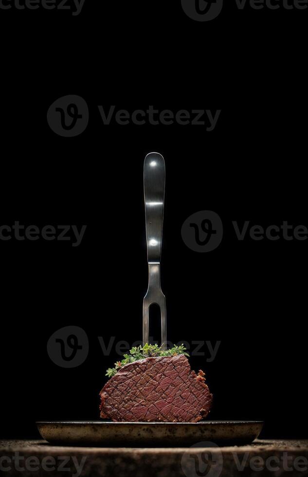 juicy steak on a fork with on a black background photo